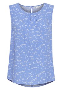 Blouse sans manches bleue avec un motif floral blanc, encolure ronde, détail plissé à l'avant et fermeture par œillets au dos. Texture lisse.