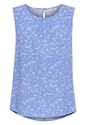Modra brezrokavnica z belim cvetličnim vzorcem, okroglim izrezom, nagubanimi detajli spredaj in ključavnico na hrbtni strani. Gladka tekstura.