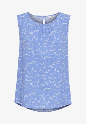 Modra brezrokavnica z belim cvetličnim vzorcem, okroglim izrezom, nagubanimi detajli spredaj in ključavnico na hrbtni strani. Gladka tekstura.