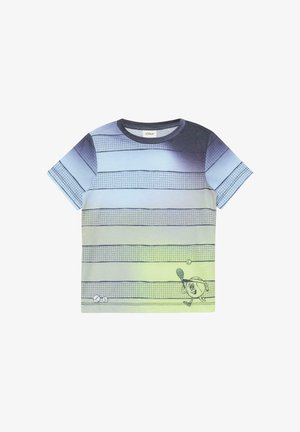 Lühikeste varrukatega t-särk horisontaalsete ruudustiktriipudega ja joonistatud tennisepalli tegelasega, kes hoiab all paremas nurgas reketit.