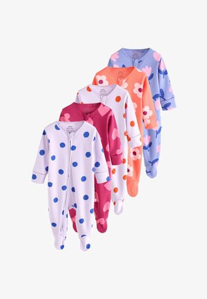 Fünf langärmlige Baby-Schlafanzüge mit Füßen und Frontreißverschlüssen, mit bunten Polka-Dot- und Blumenmustern in Blau-, Pink-, Orange- und Violetttönen.