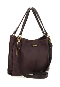 Borsa a tracolla in pelle marrone scuro con doppio manico superiore, tracolla regolabile, hardware dorato e piccola placca del marchio frontale.