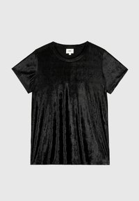 T-shirt noir à manches courtes en tissu plush, avec un col rond et une texture lisse dotée d'un léger éclat.