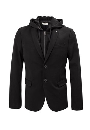 Schwarzer Blazer mit Kapuze, ausgestattet mit einem Zweiknopfvorderteil, zwei Seitentaschen und einer Brusttasche, aus glattem Stoff mit taillierter Passform.