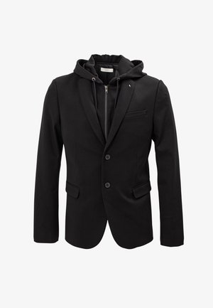 Zwarte blazer met een capuchon, voorzien van een tweeknopssluiting, twee zijzakken en een borstzak, gemaakt van soepel materiaal met een getailleerde pasvorm.