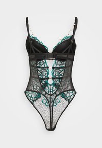 Čipkasto bodi v črni barvi z turkiznimi cvetličnimi vezeninami. Ima košarice z podloženim obročkom, nastavljive naramnice in zlate kovinske detajle. Mehka, prosojna tekstura.