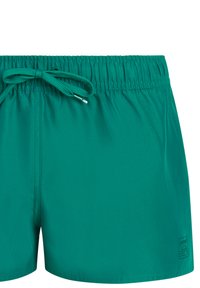 Turkisblå badebukser med elastik i taljen, snøre og lille logo på venstre nederste ben.