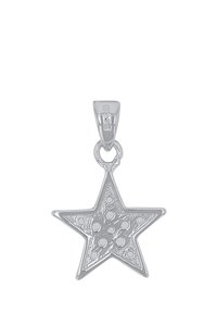 Silverfärgad stjärnhänge med texturerad yta och cirkulära accenter. Har en ögla för fäste; glänser med en polerad yta.