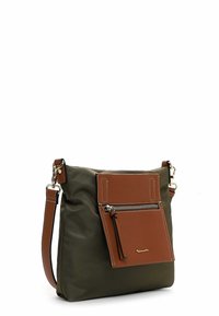 Olive green nylon handbag with a brown leather front pocket, featuring a zip closure and contrasting white stitching. Adjustable shoulder strap.