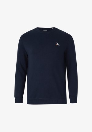 Granatowa bluza z długim rękawem i okrągłym dekoltem, z małym haftowanym logo na lewej piersi, ściągaczami na rękawach i u dołu bluzki.