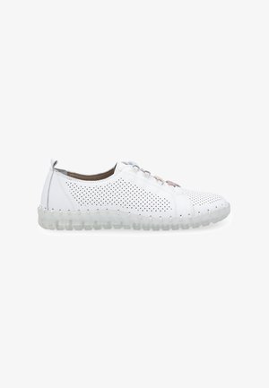White perforated leather sneaker with a transparent rubber sole, featuring laces in pastel shades of blue, pink, and gray.