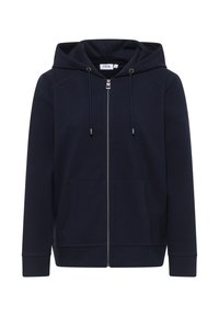 Haut zippé bleu marine en tissu doux, doté d'une capuche avec cordon de serrage, de poches avant et de poignets côtelés avec une texture lisse.