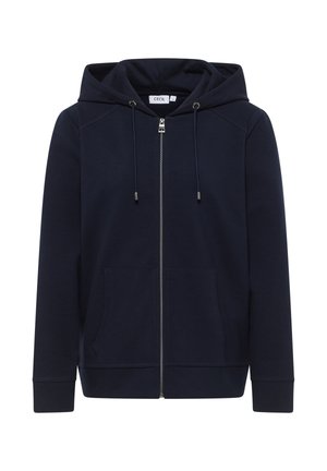 Marinblå zip-up hoodie tillverkad av mjukt tyg, med dragsko i huvan, framfickor och ribbade muddar med en slät yta.