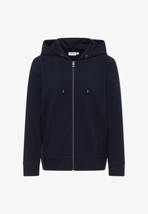 Marineblauwe zip-up hoodie gemaakt van zachte stof, met een capuchon met trekkoord, voorzakken en geribde manchetten met een gladde textuur.