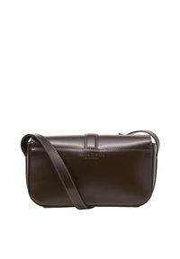 Dunkelbraune Leder-Schultertasche von Marc O'Polo mit verstellbarem Tragegurt und dezentem, geprägtem Logo auf der Vorderseite.