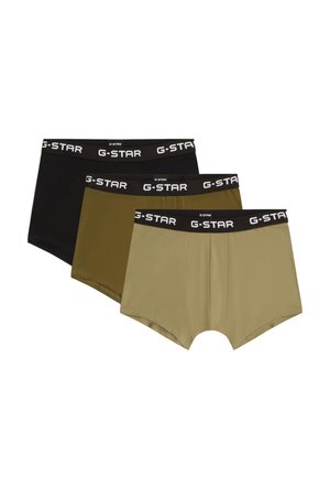 Három férfi boxeralsó szett, fekete, olívazöld és bézs színekben, fekete derékpánttal, melyen fehér "G-STAR" felirat található.