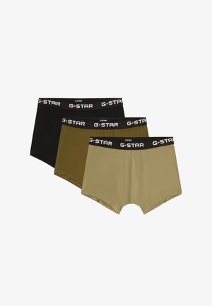 Három férfi boxeralsó szett, fekete, olívazöld és bézs színekben, fekete derékpánttal, melyen fehér "G-STAR" felirat található.