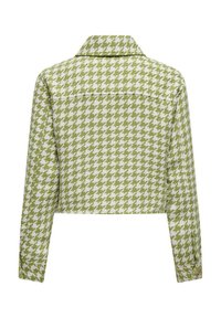 Veste cropped à motif pied-de-poule vert et blanc, avec un col, des manches longues et une couture de dos. Tissu texturé. Pas de quincaillerie visible.
