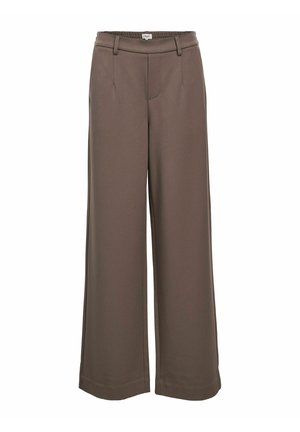 Pantaloni a gamba larga in un morbido tessuto marrone. Presentano un alto punto vita, due tasche frontali e una consistenza liscia con un design casual.