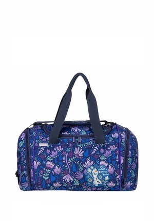 Sporttasche mit floralem Muster in Blau und Lila, ausgestattet mit zwei stabilengriffen und einem Reißverschluss. Enthält ein grafisches Detail eines Charakters.