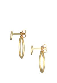 Goldene Creolen mit glatter Oberfläche und einfachem Steckverschlussdesign. Jede Ohrringe ist kreisförmig und hat einen leichten Glanz.
