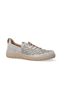 Hellegraue perforierte Lederschuhe mit beigem Gummisohle, runder Form und braunen Akzenten an Ferse und Schnürsenkeln. Atmungsaktives Design.