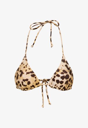Leopard print bikini top featuring a triangle shape, adjustable ties, and a smooth fabric with a beige and brown color scheme.