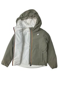 Giacca isolante verde oliva con interno bianco, cappuccio, dettaglio della cerniera arcobaleno e polsini elastici. Presenta un piccolo logo sul petto.