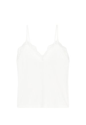 Débardeur blanc à fines bretelles, avec un détail en dentelle le long de l'encolure. Texture lisse avec une coupe ajustée.