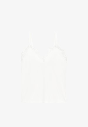 Débardeur blanc à fines bretelles, avec un détail en dentelle le long de l'encolure. Texture lisse avec une coupe ajustée.