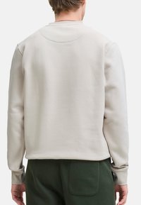Hellgrauer Pullover aus weichem Stoff, mit Rundhalsausschnitt, langen Ärmeln und lässigem Schnitt mit minimalen Nähten.