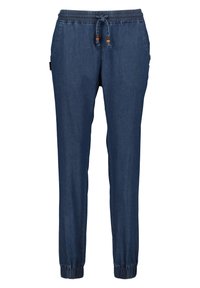 Denim jogger broek met een elastische tailleband, verstelbaar trekkoord en geribde boorden. Het heeft zijzakken en is donkerblauw van kleur.