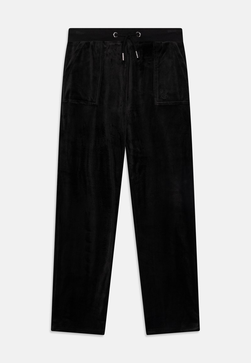 Czarne spodnie welurowe do noszenia w domu z elastycznym pasem, sznurkiem do wiązania oraz dwoma naszywanymi kieszeniami z przodu, o prostym kroju nogawek.