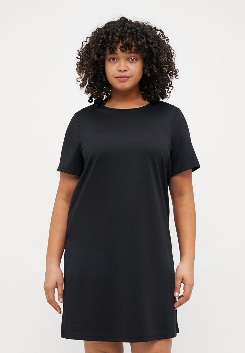 Black T-shirt dress in a smooth fabric with a round neckline and short sleeves, featuring a relaxed fit and knee-length design.