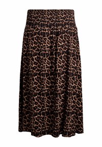 Falda de estampado de leopardo hecha de un tejido ligero, con una cintura fruncida y un diseño fluido, en tonos de marrón y negro.