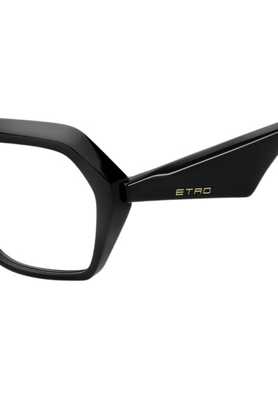 Occhiali da vista neri con montatura angolare e design geometrico distintivo. Presentano una finitura nera elegante e un accento logo dorato sulla stanghetta.