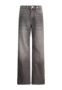 Valkoiset leveälahkeiset farkut haalistuneesta mustasta denimestä, joissa on nappi- ja vetoketjukiinnitys, viisi taskua sekä hienovaraisia kulutusjälkiä.