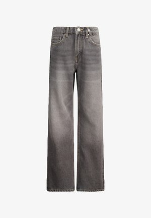 Valkoiset leveälahkeiset farkut haalistuneesta mustasta denimestä, joissa on nappi- ja vetoketjukiinnitys, viisi taskua sekä hienovaraisia kulutusjälkiä.