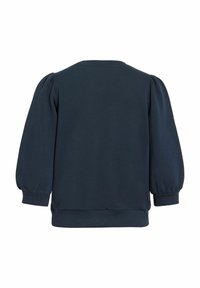 Sweat-shirt bleu marine à manches longues avec manches bouffantes et poignets et ourlet côtelés, vu de dos sur un fond blanc.