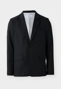 Black blazer made from textured fabric with a single button closure, notched lapels, and three pockets, including one chest pocket.