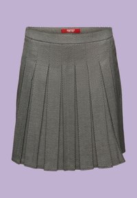 Jupe plissée longueur genou avec petit motif géométrique noir et blanc et étiquette rouge Esprit New York à la ceinture.