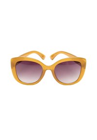 Przeciwsłoneczne okulary w rozmiarze oversized o żółtej, błyszczącej powłoce, z gradientowymi fioletowymi szkłami i zaokrąglonym kształtem w stylu kocim. Zauszniki są gładkie z delikatnym wklęsłym kształtem.