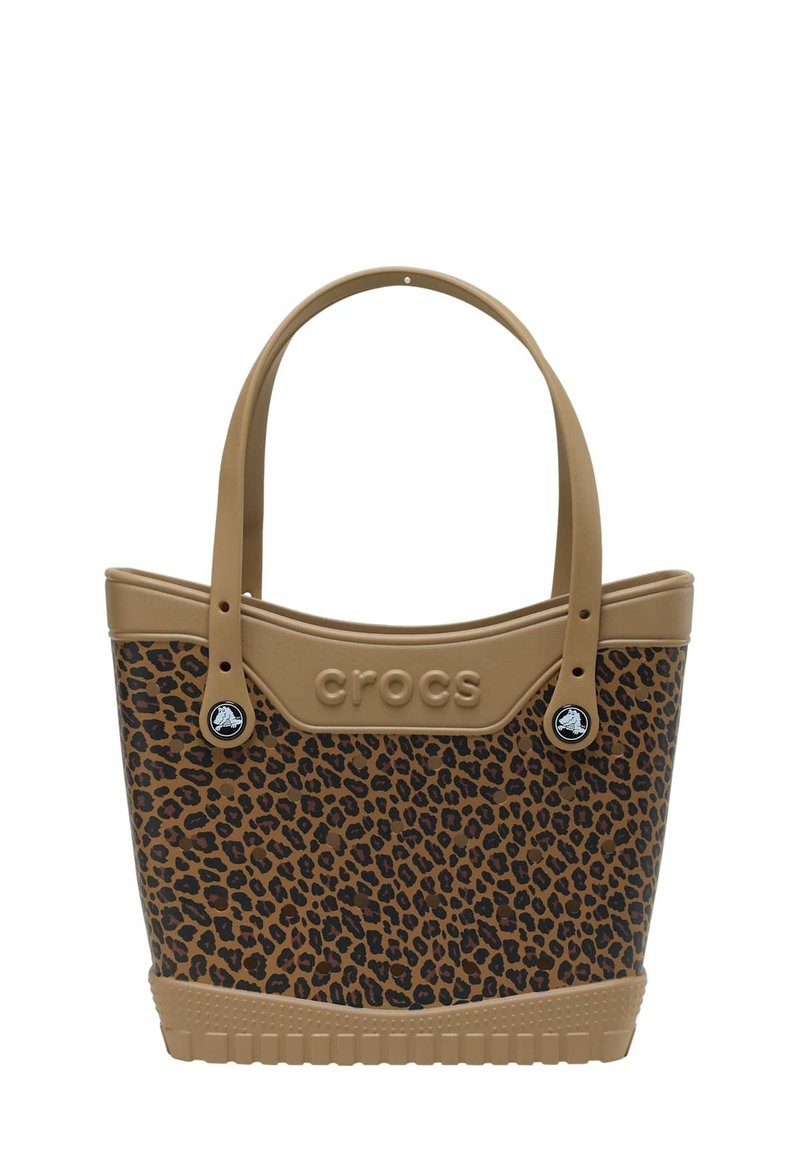 Tote bag met luipaardprint van beige rubbermateriaal, met twee stevige handvatten, geperst merknaam en zwarte accenten aan de zijkanten.