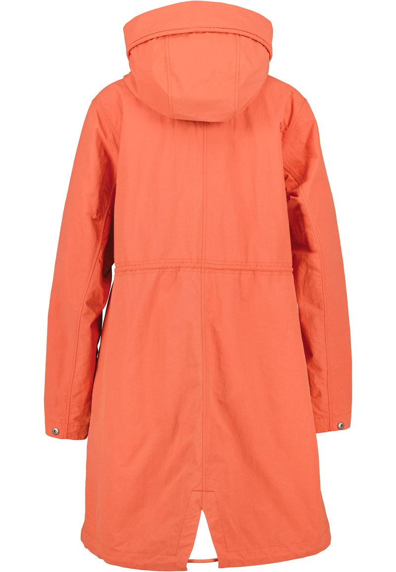 Waterdichte oranje jas met een capuchon, lange mouwen en een rechte snit. Beschikt over een achterkantventilatie en drukknoopsluitingen bij de manchetten.