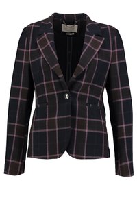 Czarna marynarka w kratę z różowymi i brązowymi akcentami. Posiada wyłogi z wcięciem, pojedyncze zapięcie na guzik oraz dwie przednie kieszenie. Gładka faktura materiału.