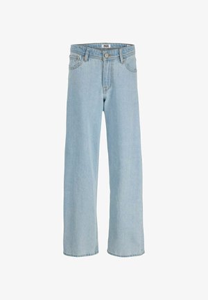 Gaiši zili džinsa džinsi ar platu kāju dizainu, pieciem kabatu stilā, ar pogu aizdari un taisnu griezumu pie potītes.