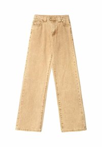 Jean beige à jambes larges en denim, avec une taille haute, cinq poches et des coutures visibles le long des coutures.