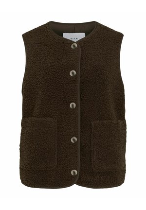 Gilet en polaire brun avec un col rond, fermeture à boutons et deux poches avant. Présente une surface texturée et une bordure contrastante.