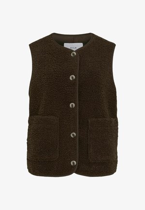 Gilet en polaire brun avec un col rond, fermeture à boutons et deux poches avant. Présente une surface texturée et une bordure contrastante.