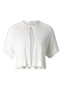 Cardigan bianco corto con maniche corte, scollatura rotonda e chiusura con un singolo bottone, realizzato in un tessuto a maglia leggero e con trama.